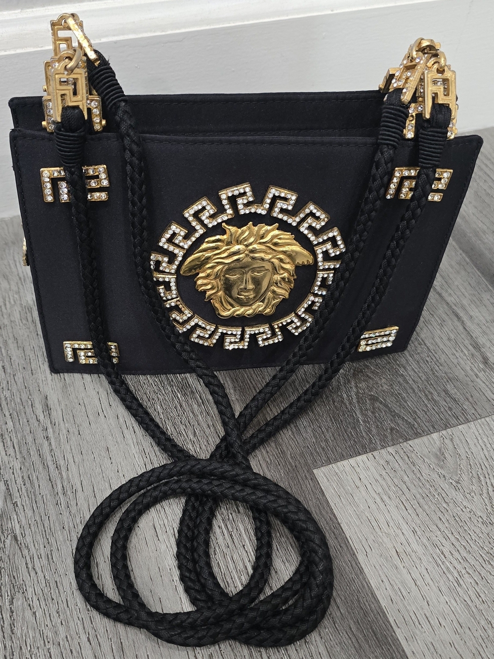 Rare Vintage 1992 Gianni Versace Couture Black Satin Rhinestone Medusa Bag - Picture 4 of 15